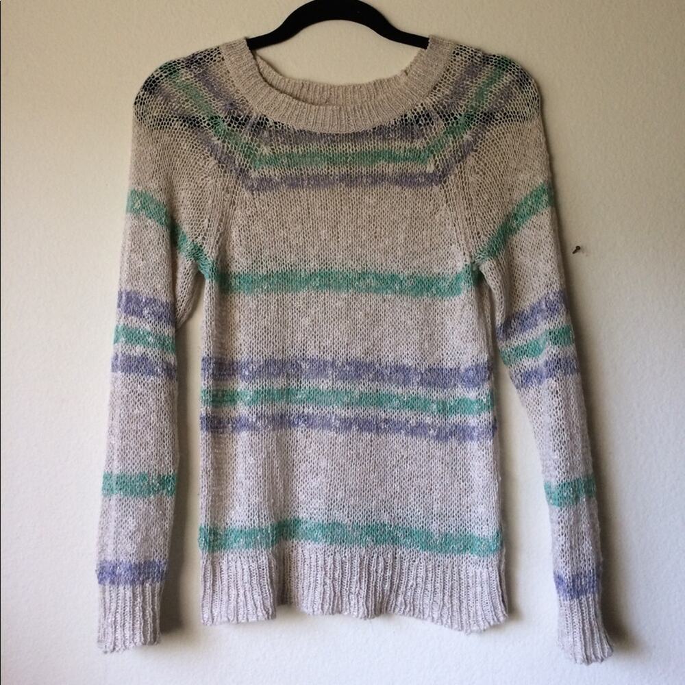 BP Brass Plum Women’s Striped Open Knit Crew Neck Pullover Sweater Top Size XS - Picture 4 of 7